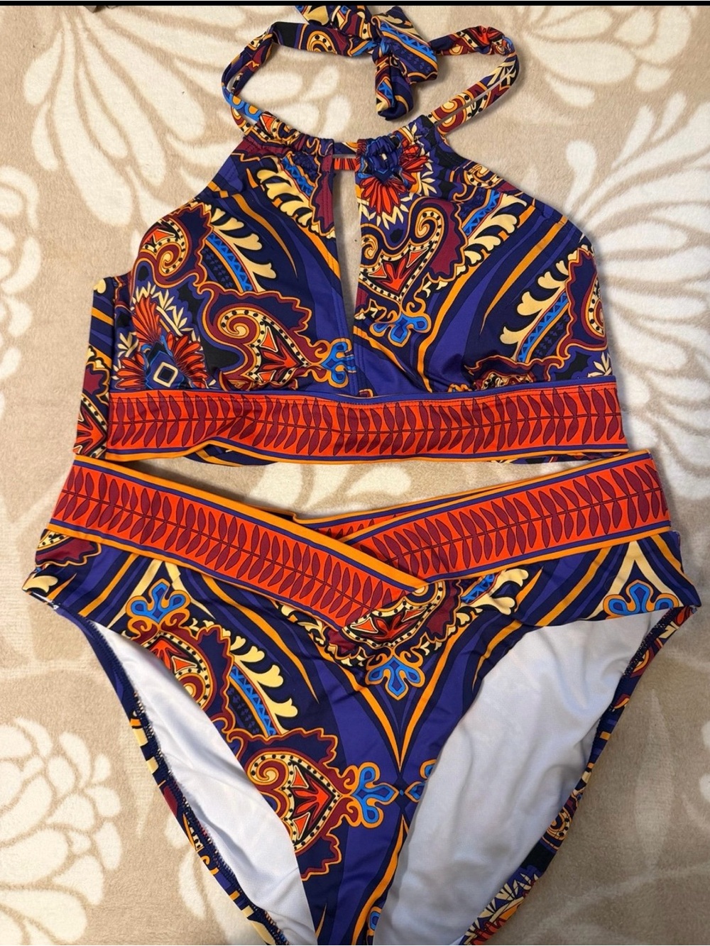 High-Neck Two-Piece Swimsuit in Blue and Orange